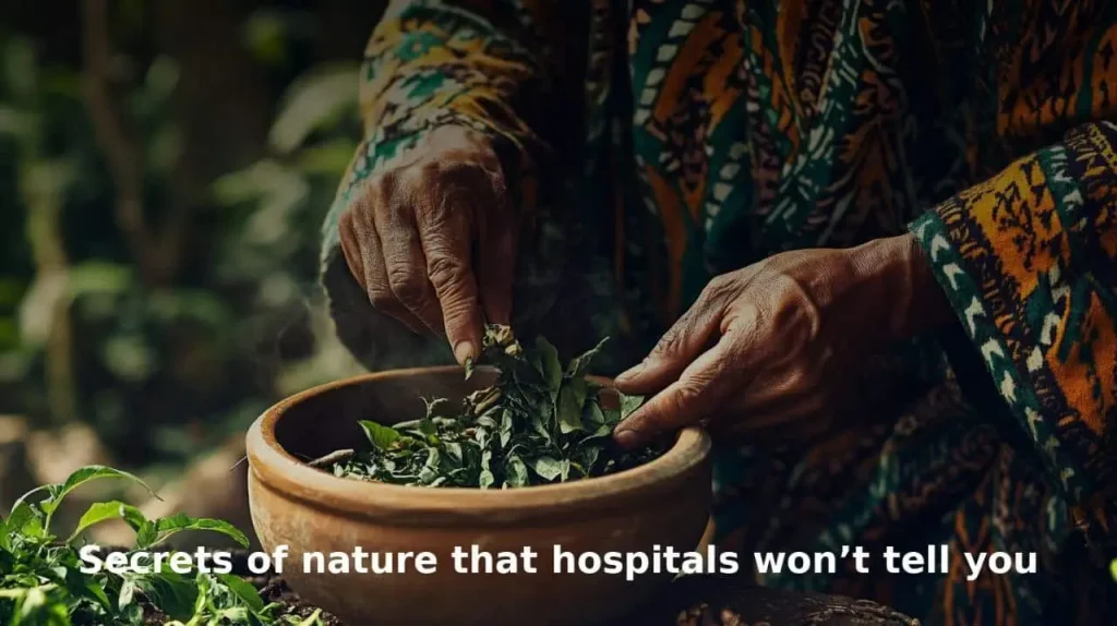 Elderly Yoruba grandmother holding a basket of fresh ewe and egbo herbs, symbolizing traditional healing wisdom passed down through generations
